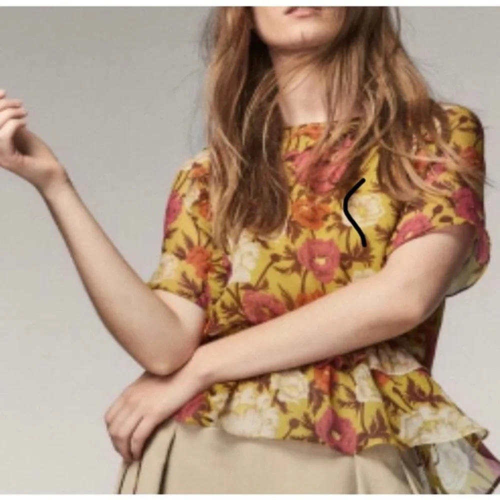 EUC Massimo Dutti Chiffon Ruffle Hem Floral Side Tie Top Size 8 - Picture 1 of 7